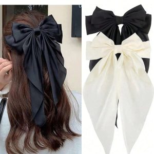 1-2pcs Women's Oversized Black/White/Red Satin Ribbon Hair Clip, Elegant And Chic Hair Accessory For Daily Wear And Outfits Matching Bow