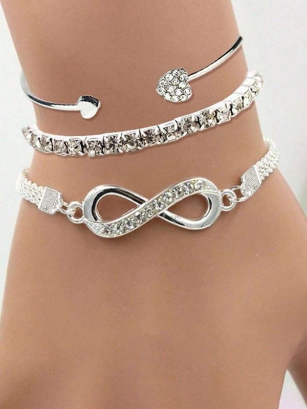 3pcs/Set Fashionable Heart Shape & Infinite Luck Element Design Bracelet And Bangle Set With Rhinestone Inlay, Ideal Gift For Party, Jewelry