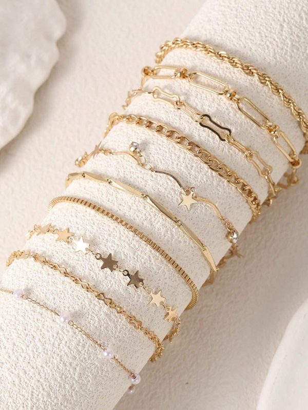 10pcs Set Fashionable & Elegant Copper Inlaid Rhinestone & Faux Pearl Star Silver Bracelets, Suitable For Women Daily Wear