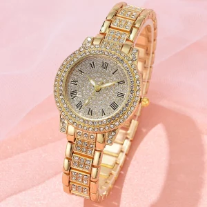 1pc Ladies Watch Rhinestone Decor Round Pointer Quartz Watch Holiday Gold Watch