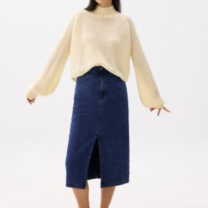 Striped Denim Column Midaxi Skirt