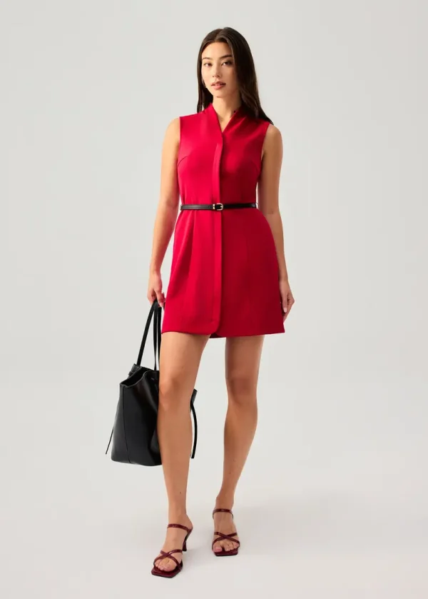 Belted Mandarin Collar Mini Dress