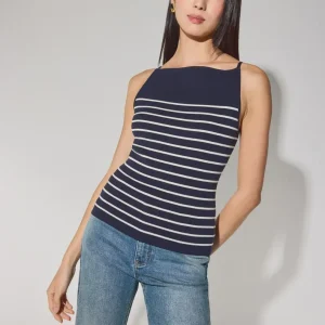 Striped Lyocell Boat Neck Fitted Top