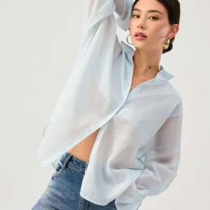 Oversized Sheer Lyocell Collared Poet Sleeve Blouse