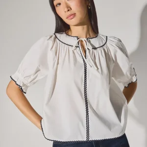 Relaxed Cotton Scallop Trim Puff Sleeve Blouse