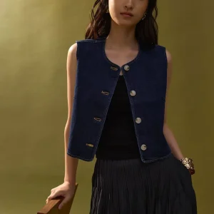 Relaxed Denim Round Neck Button Down Vest Top