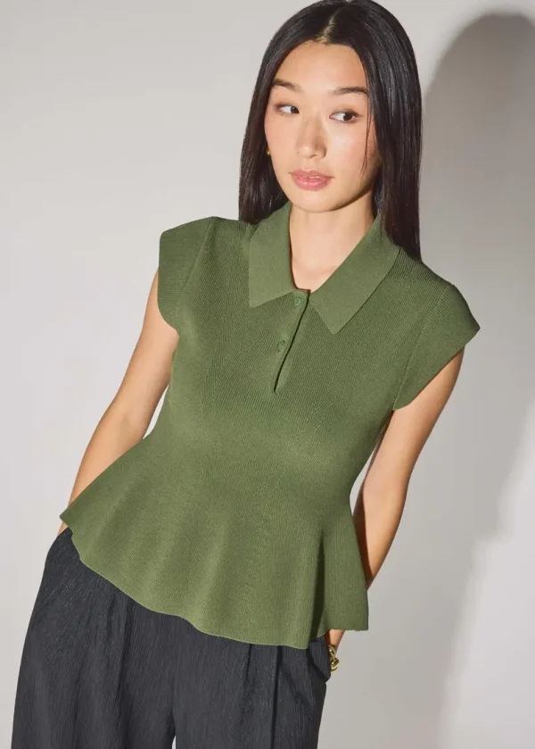 Knit Collared Peplum Polo Top