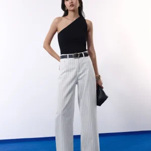 Pinstripe Cotton Twill 5-Pocket High Rise Straight Leg Pants