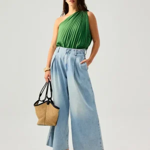 Denim Front Pleat Mid Waist Wide Leg Jeans