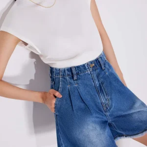 Denim Frayed Hem High Waist Bermuda Shorts