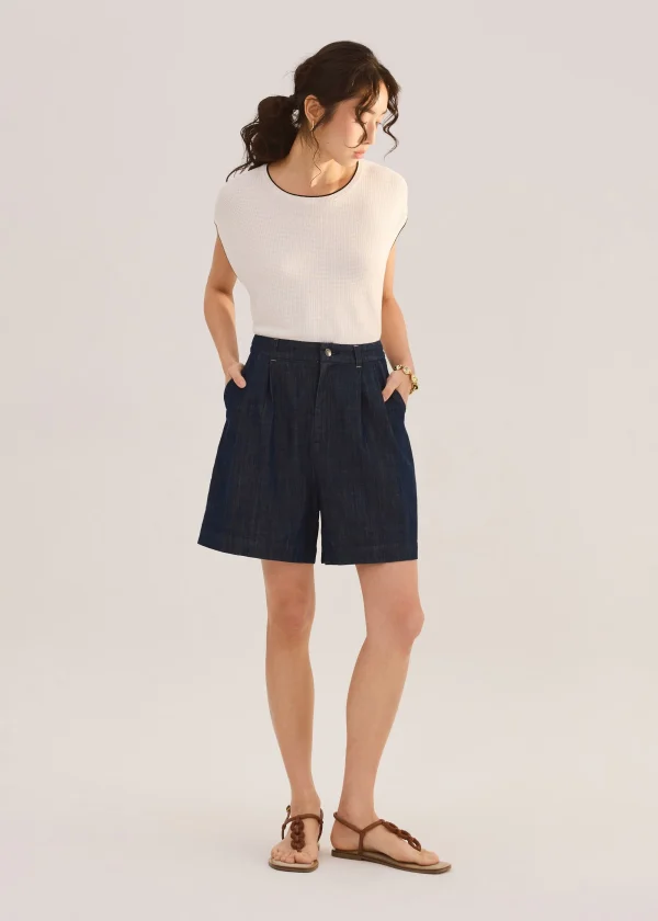 Denim Front Pleat A-Line Bermuda Shorts