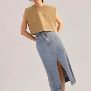 Denim Asymmetric Waistband Front Slit Column Midaxi Skirt