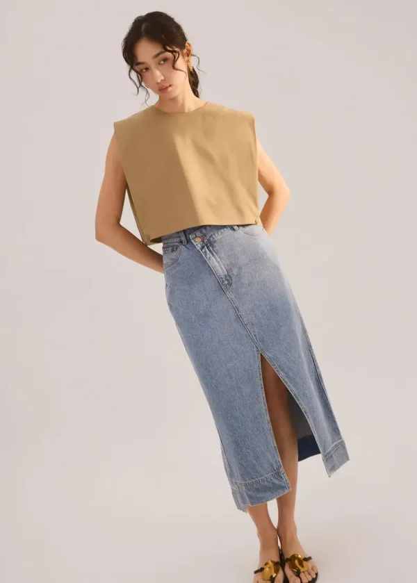 Denim Asymmetric Waistband Front Slit Column Midaxi Skirt