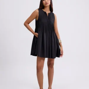 Pintuck Notched Trapeze Mini Dress