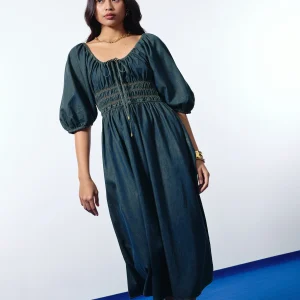 Vintage Wash Denim Fit & Flare Midaxi Dress