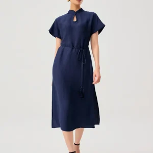 Tie Crinkled Mandarin Collar Column Midi Dress