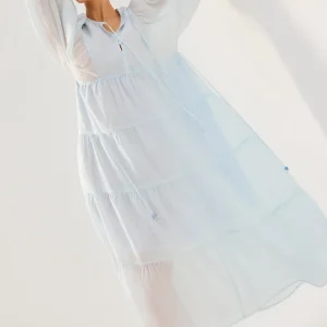 Sheer Lyocell Tiered Round Neck Trapeze Maxi Dress