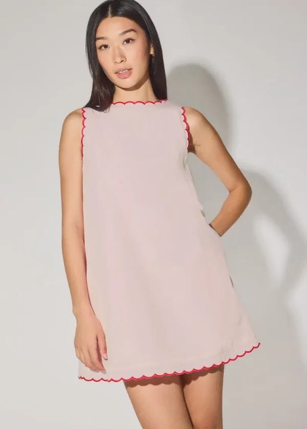 Cotton Scallop Edge Boat Neck Shift Mini Dress